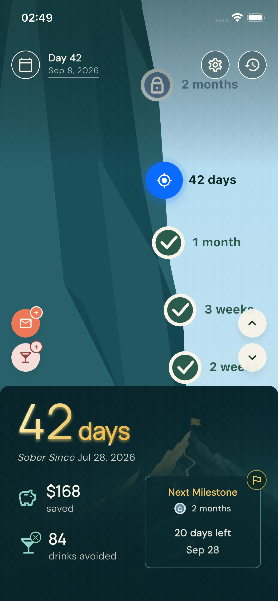 Sober Since dashboard showing 42 alcohol-free days, savings, drinks avoided, and the next milestone
